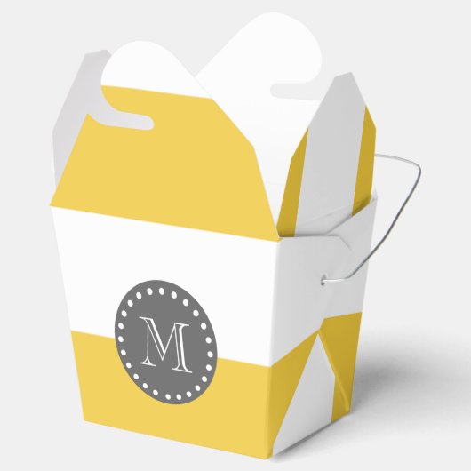 Gele witte strepen patroon, houtskool monogram bedankdoosjes (Geopend)