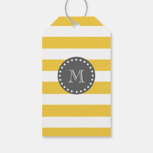 Gele witte strepen patroon, houtskool monogram cadeaulabel (Achterkant)