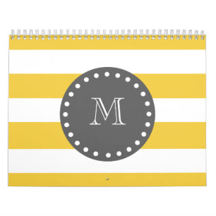 Gele witte strepen patroon, houtskool monogram kalender