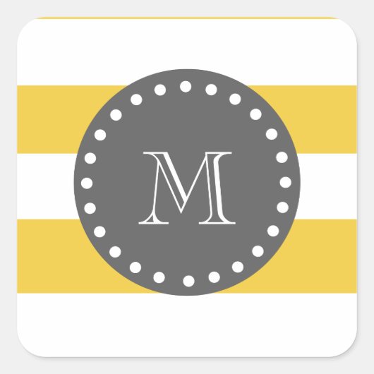 Gele witte strepen patroon, houtskool monogram vierkante sticker (Voorkant)