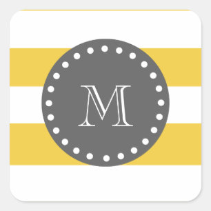 Gele witte strepen patroon, houtskool monogram vierkante sticker