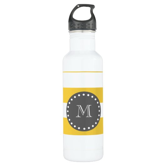 Gele witte strepen patroon, houtskool monogram waterfles  (Voorkant)