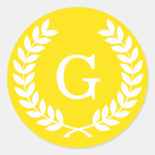 Gele witte tarwe Laurel Wreated Initiaal Monogram Ronde Sticker