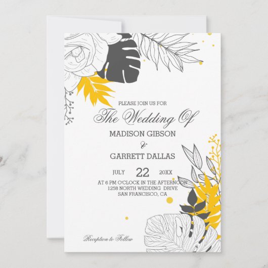 Gele & Witte Tropische bladeren Bruiloft Uitnodigi Kaart (Voorkant)