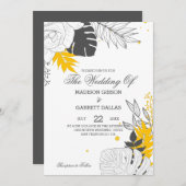 Gele & Witte Tropische bladeren Bruiloft Uitnodigi Kaart (Voorkant / Achterkant)