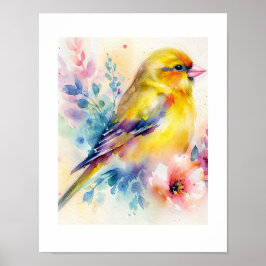 Gele Zangvogel Bloemige Watercolor Poster