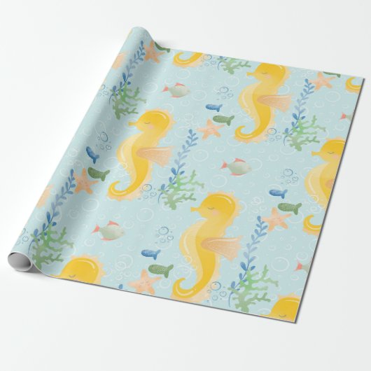 Gele zeepaardje onder Zee Baby shower Patroon Cadeaupapier (Uitgerold)