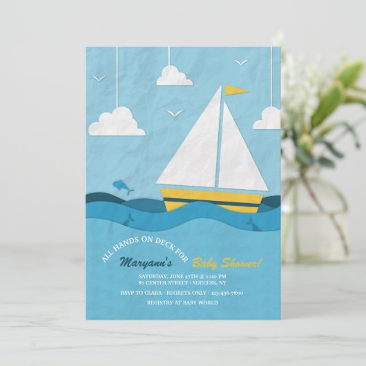 Gele zeilboot uitnodiging (Staand voorkant)