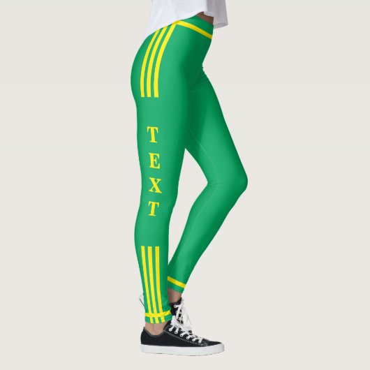 Gele zijstreep groene legging met aangepaste tekst (Rechts)