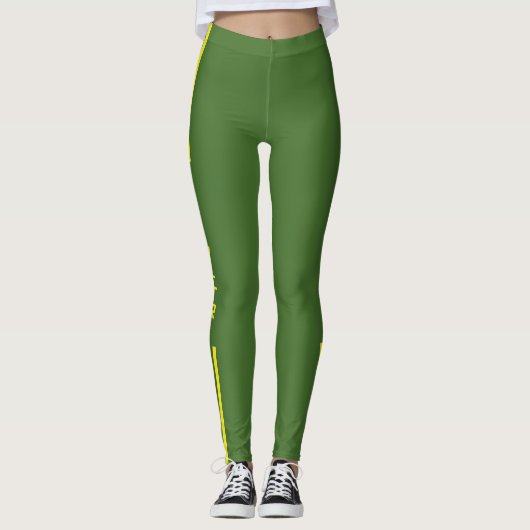 Gele Zijstreep Groene Leggings Power Text (Voorkant)