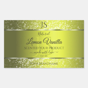 Gele zilveren productlabels met glinsterende initi rechthoekige sticker