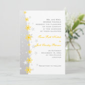 Gele, zilvergrijze sneeuwvlok bruiloft uitnodiging (Staand voorkant)