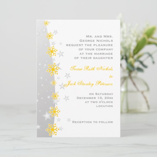 Gele, zilvergrijze sneeuwvlok bruiloft uitnodiging (Staand voorkant)