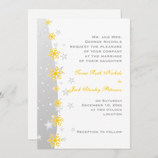 Gele, zilvergrijze sneeuwvlok bruiloft uitnodiging (Voorkant / Achterkant)