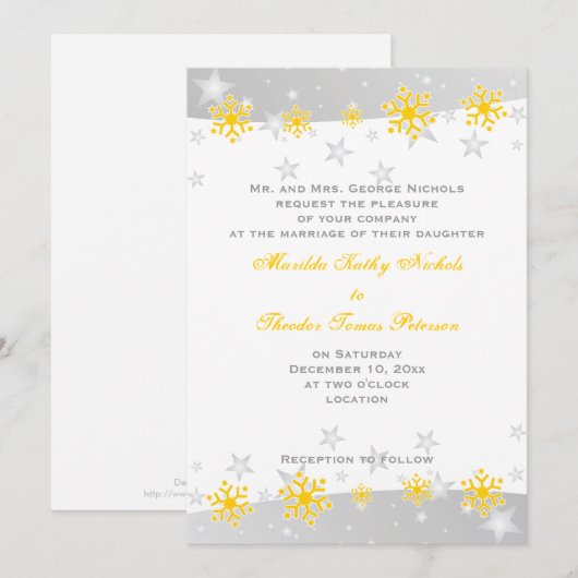 Gele, zilvergrijze sneeuwvlok bruiloft uitnodiging (Voorkant / Achterkant)