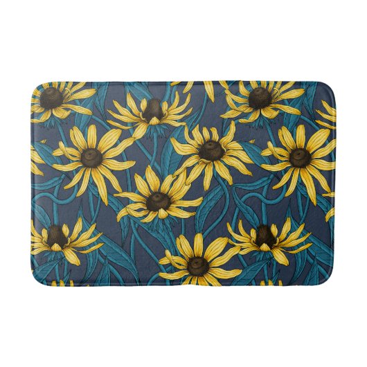 Gele Zinnias op donkerblauw Badmat (Voorkant)