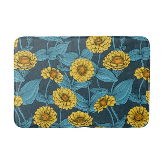 Gele Zinnias op donkerblauw Badmat (Voorkant)