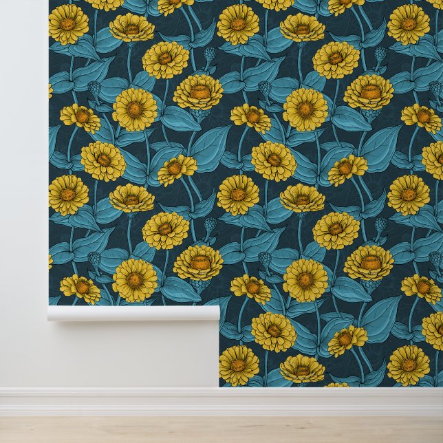 Gele Zinnias op donkerblauw Behang (Applicatie)