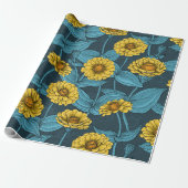 Gele Zinnias op donkerblauw Cadeaupapier (Uitgerold)