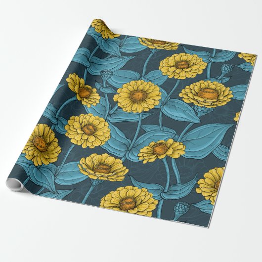 Gele Zinnias op donkerblauw Cadeaupapier (Uitgerold)