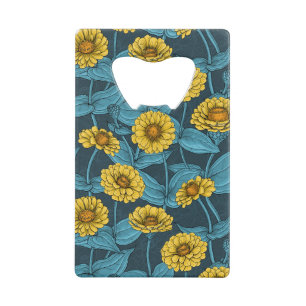 Gele Zinnias op donkerblauw Creditkaart Flessenopener