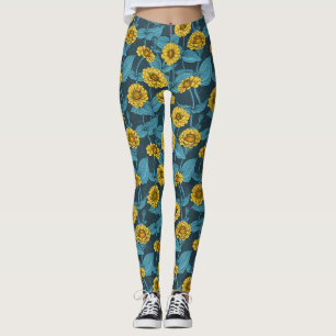 Gele Zinnias op donkerblauw Leggings
