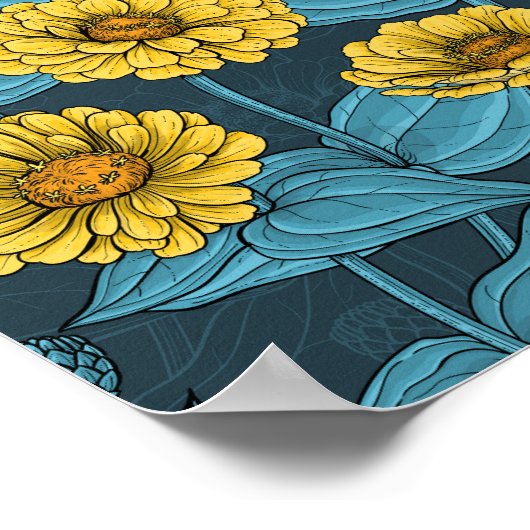 Gele Zinnias op donkerblauw Poster (Hoek)