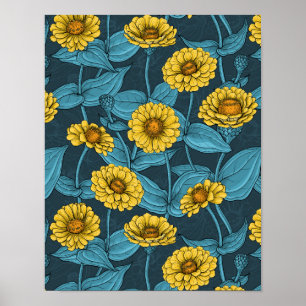 Gele Zinnias op donkerblauw Poster