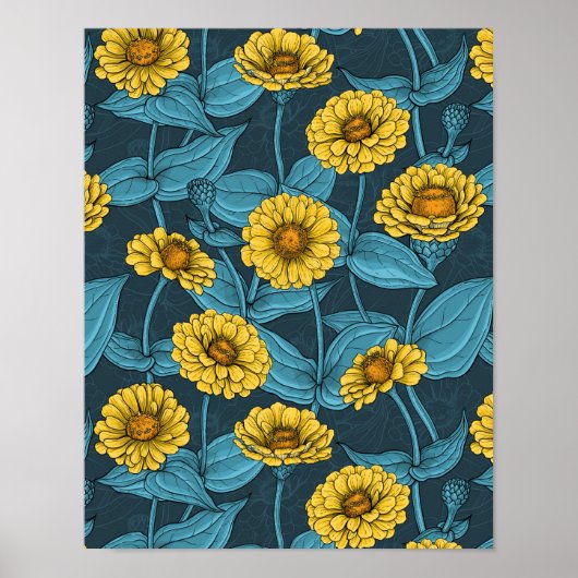 Gele Zinnias op donkerblauw Poster (Voorkant)