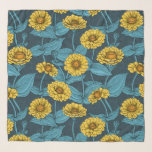 Gele Zinnias op donkerblauw Sjaal<br><div class="desc">Handgeschilderde zinnia bloemen vector patroon</div>