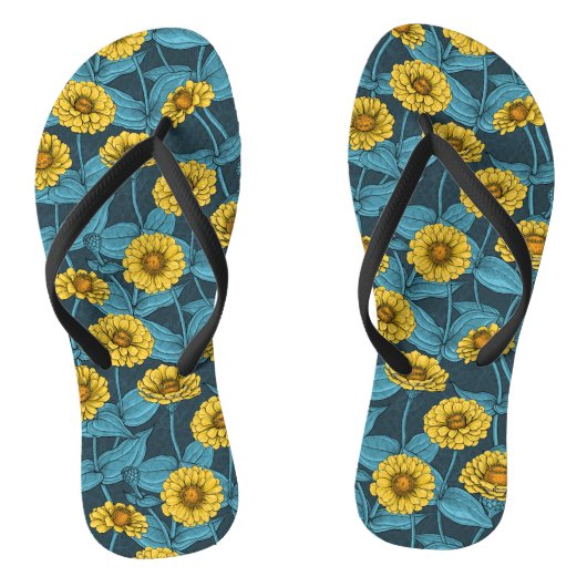 Gele Zinnias op donkerblauw Teenslippers (Voetbed)