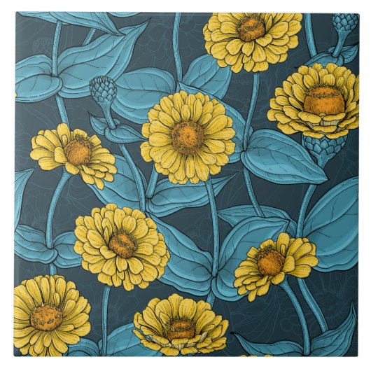 Gele Zinnias op donkerblauw Tegeltje (Voorkant)