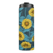 Gele Zinnias op donkerblauw Thermosbeker (Voorkant)