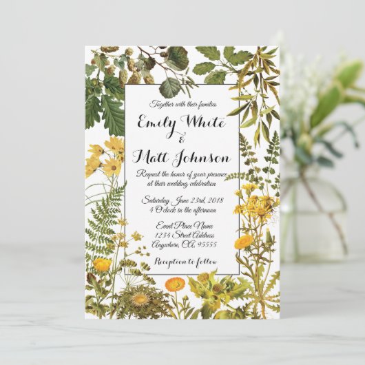Gele Zomer Bloemen Huwelijksuitnodiging Kaart (Staand voorkant)