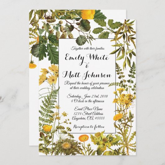Gele Zomer Bloemen Huwelijksuitnodiging Kaart (Voorkant / Achterkant)