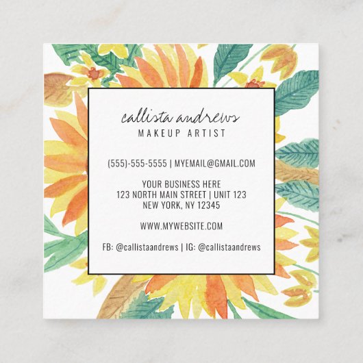 Gele Zomer Zonnebloem Waterverf Make-up Vierkante Visitekaartje (Achterkant)