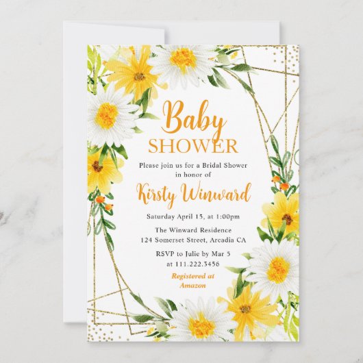 Gele zomerbloemen & Goud Lijst Baby shower Kaart