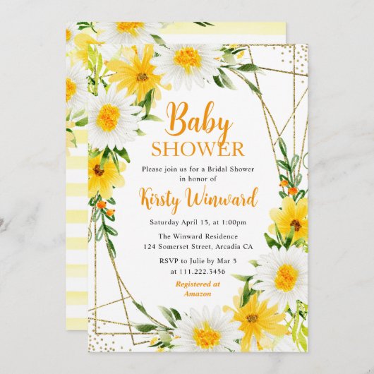 Gele zomerbloemen & Goud Lijst Baby shower Kaart (Voorkant / Achterkant)