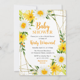 Gele zomerbloemen & gouden lijst baby shower kaart