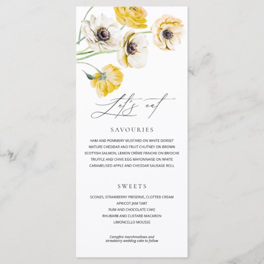 Gele zomerbloemen Minimalistisch trouwmenu Menu (Voorkant)