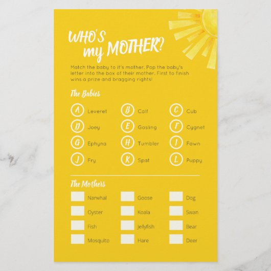 Gele zon baby shower woordzoeker baby match spel flyer (Achterkant)