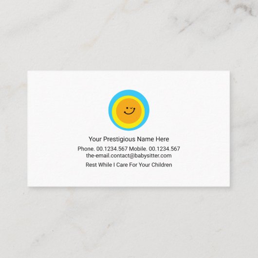 Gele Zon Babysitting Kleine Aarde Maan Visitekaartje (Achterkant)