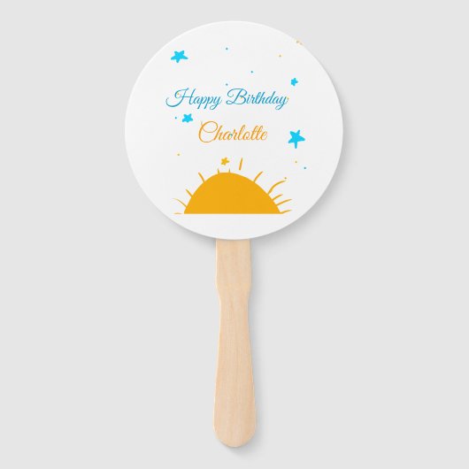 Gele zon blauwe sterren happy birthday naamtekst t handwaaier (Achterkant)