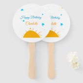 Gele zon blauwe sterren happy birthday naamtekst t handwaaier (Voorkant en achterkant)