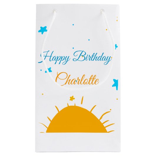 Gele zon blauwe sterren happy birthday naamtekst t klein cadeauzakje (Achterkant)