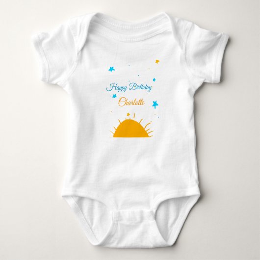Gele zon blauwe sterren happy birthday naamtekst t romper (Voorkant)