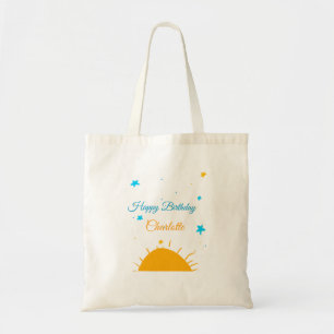 Gele zon blauwe sterren happy birthday naamtekst t tote bag