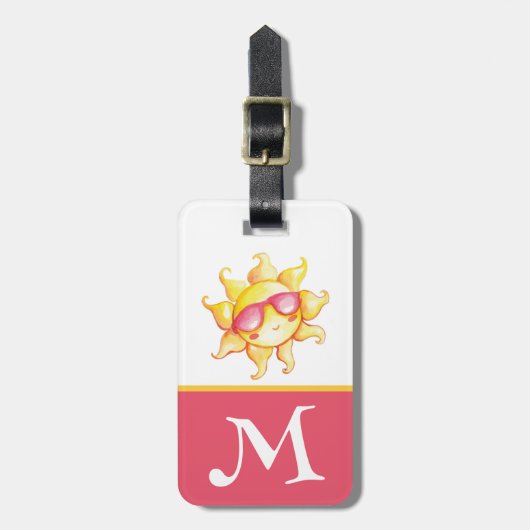 Gele zon in het Initiaal van het roze zonnebrillen Bagagelabel (Voorkant verticaal)