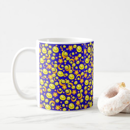 Gele Zon Maan Sterren, Blauwe Mok (Met donut)