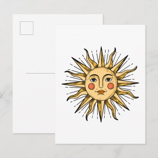 Gele zon met een gezicht briefkaart (Voorkant / Achterkant)